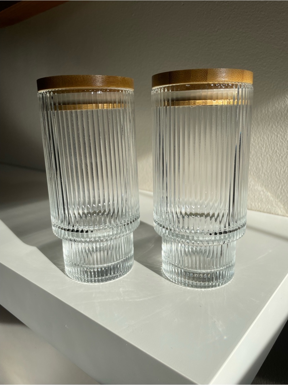 Ribbed Glass Tumblers with Wood Lids — Clear and Tan